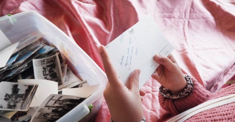 結婚式の思い出ボックスにペーパーアイテムを保存している様子。上品で感動的な雰囲気。