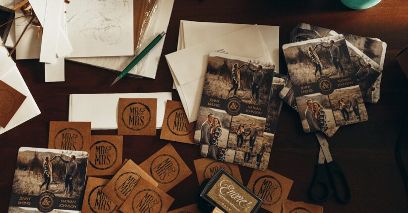 ウェルカムスペースに手作りした招待状や席札をフレームに入れて飾っているテーブルコーディネート。