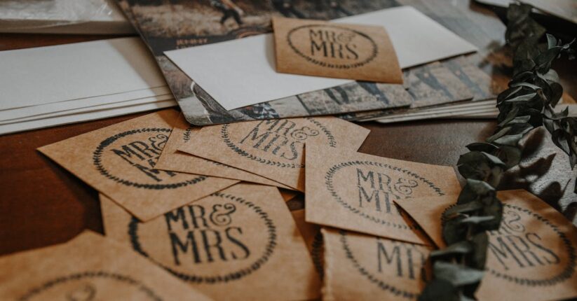 ペーパーアイテムの試し印刷をして確認する花嫁。印刷サンプルを比べている様子。