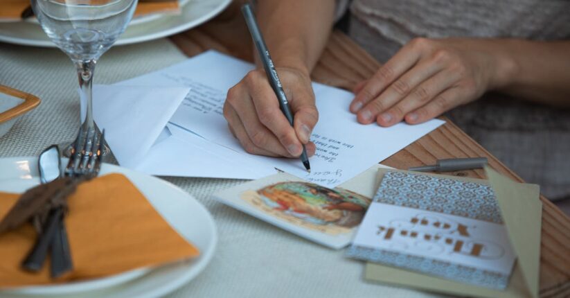 結婚式のテーブルに置かれた席札メッセージ。ナチュラルで上品な雰囲気のテーブルコーディネート。