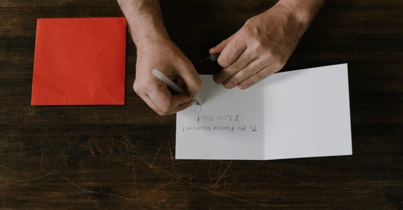 席札に手書きで感謝の言葉を書いている新婦。文字の温かみが伝わる様子。